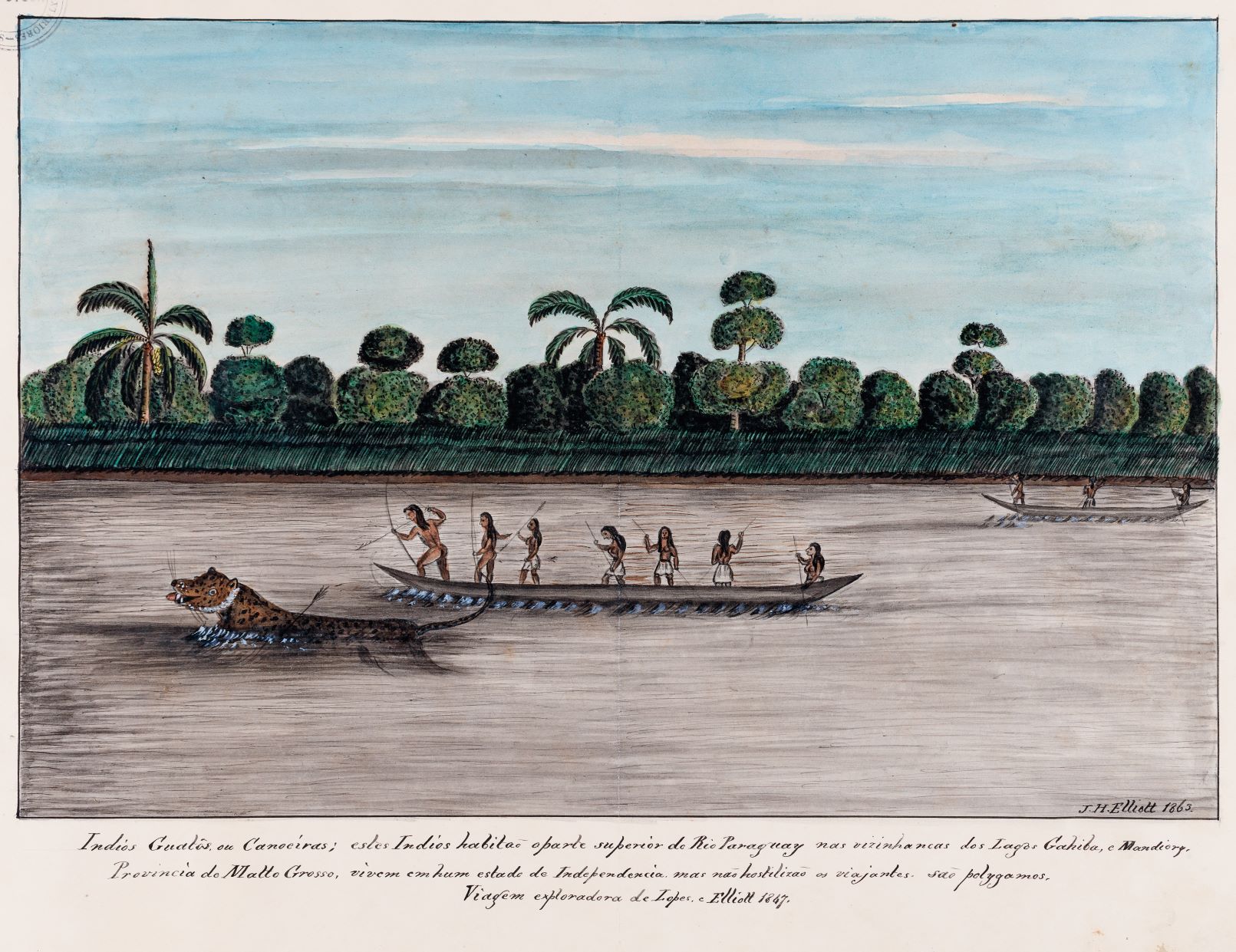 Imagens dos índios Guatós, nação canoeira, no século XIX: apenas cinco nações indígenas - das dezenas que habitavam a região antes da chegada dos invasores - ainda vivem no Pantanal (Desenho de John Henry Elliot / Reprodução / Divulgação)