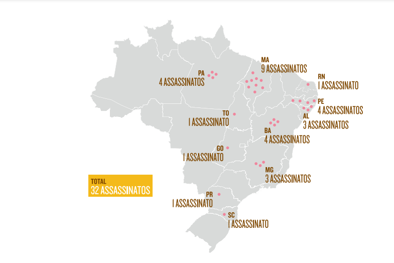 Estados com registro de assassinatos de quilombolas entre 2018 e 2022 (Mapa: Terra de Direitos)