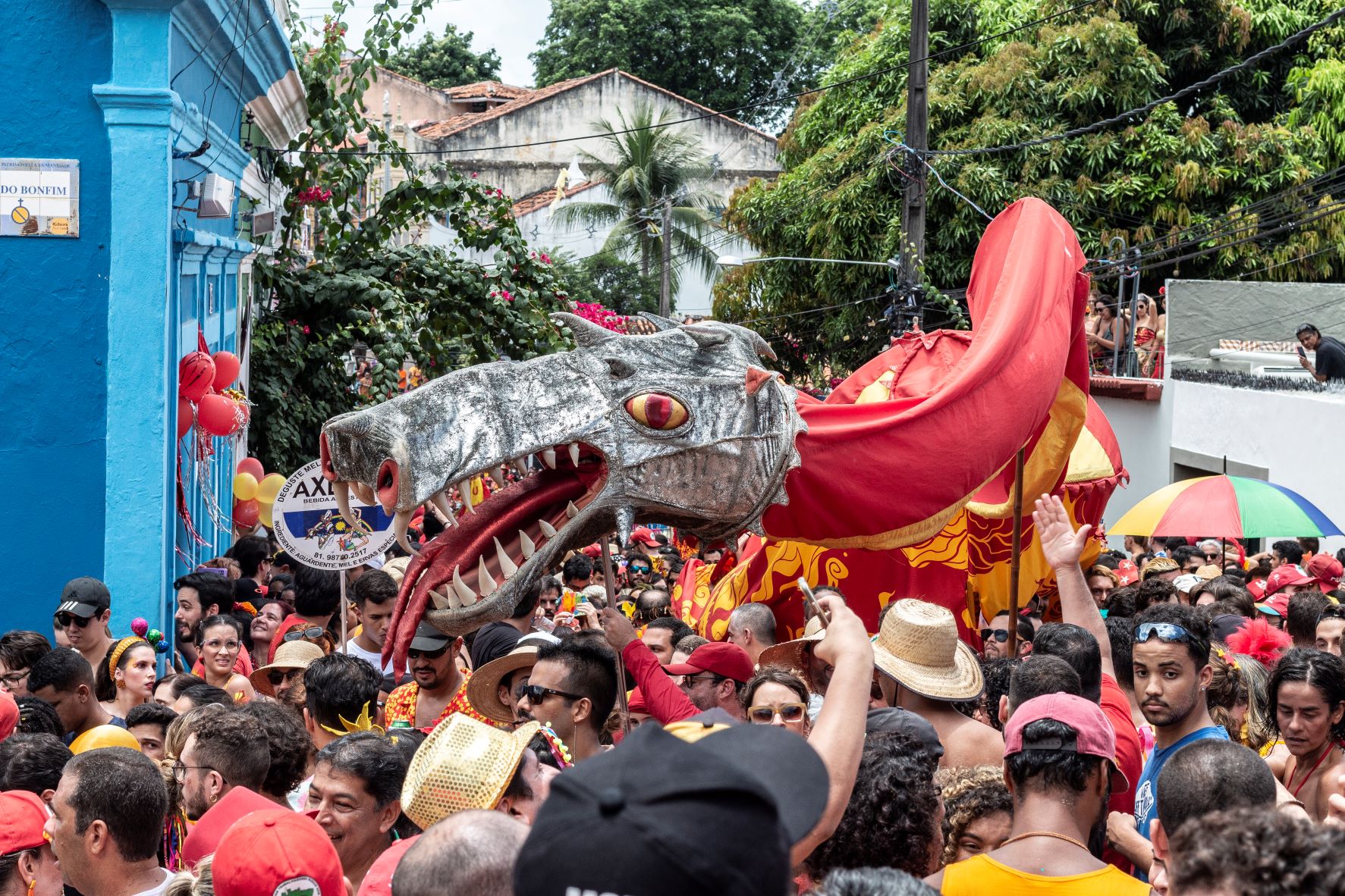 Dragão, alegoria histórica do bloco Eu acho é Pouco, nas ruas de Olinda: resistência aos totalitarismos (Foto: Aurélio Velho)
