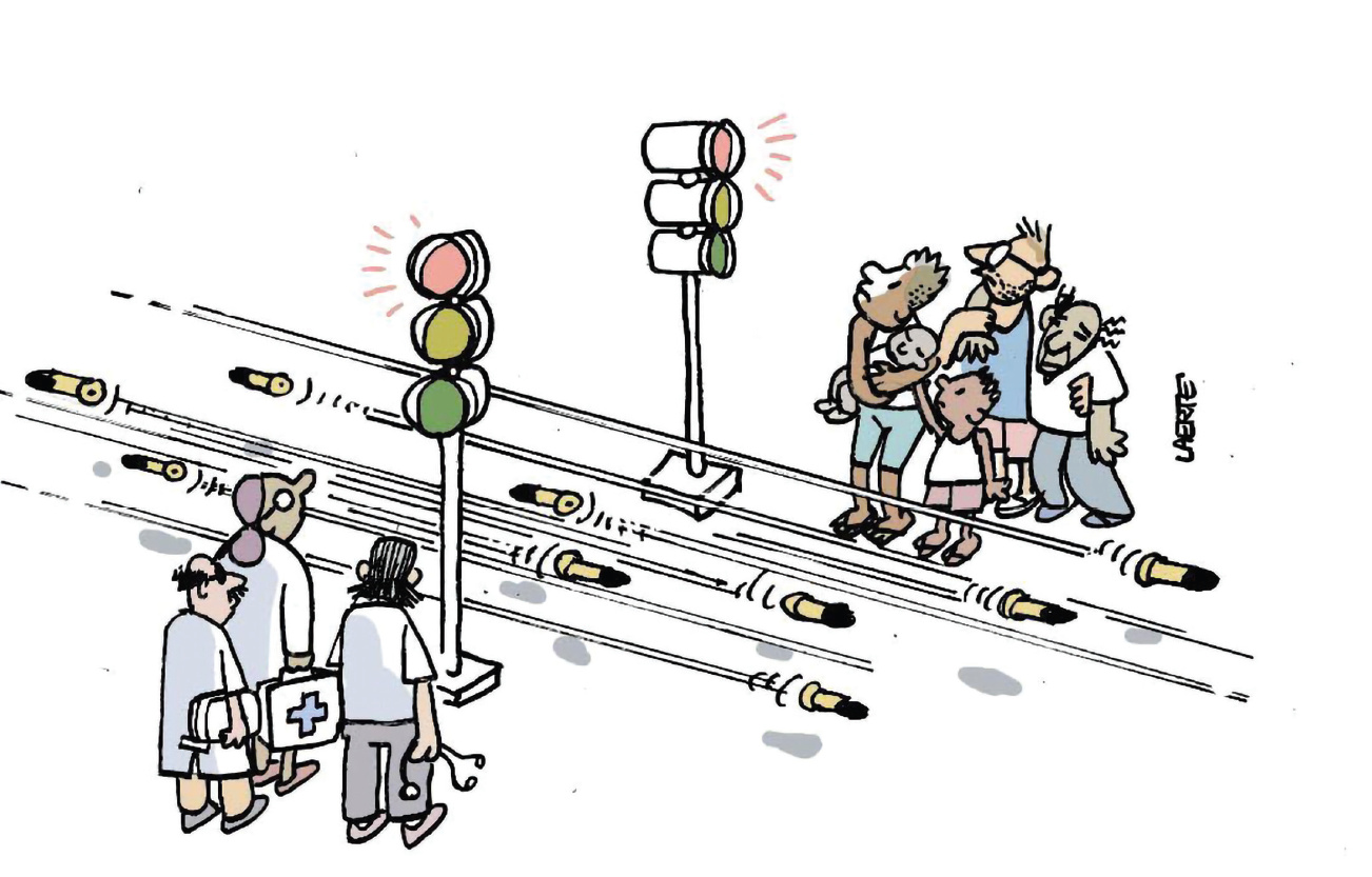 Tiroteios provocados por operações policiais no caminho para acessar os serviços de saúde (Ilustração: Laerte - Saúde na Linha de Tiro)