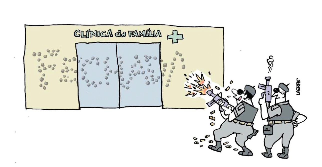 Unidades de saúde fechadas e profissionais impedidos de trabalhar (Ilustração: Laerte - Saúde na Linha de Tiro)
