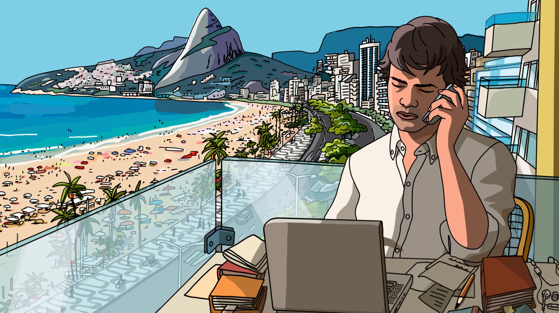 O jornalista de Atiraram no Pianista na paisagem do Rio de Janeiro: documentário de animação é "carta de amor ao Brasil" nas palavras do diretor (Divulgação)