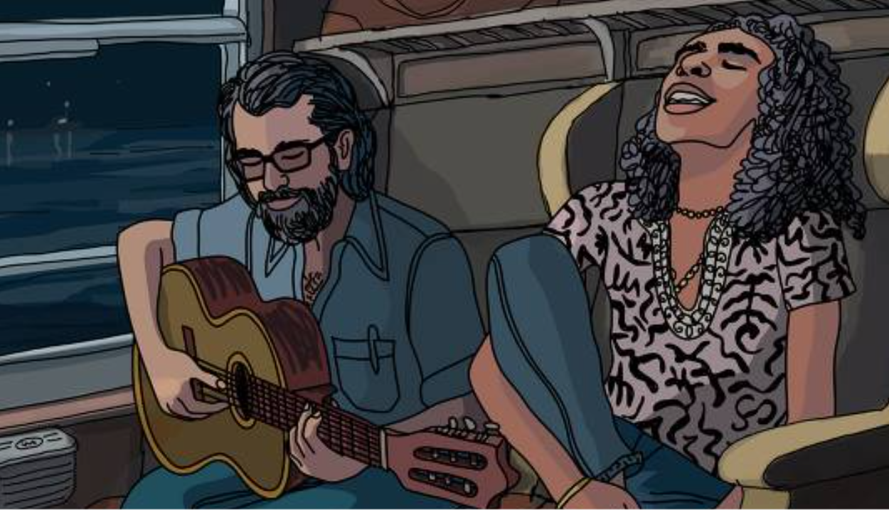 Tenório Jr. com Caetano Veloso em animação: vozes originais nos depoimentos valorizam documentário (Divulgação) 