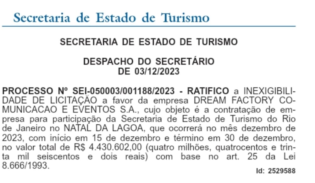 Secretaria de Turismo contratou os organizadores, sem licitação, por R$ 4,3 milhões. Reprodução do DO