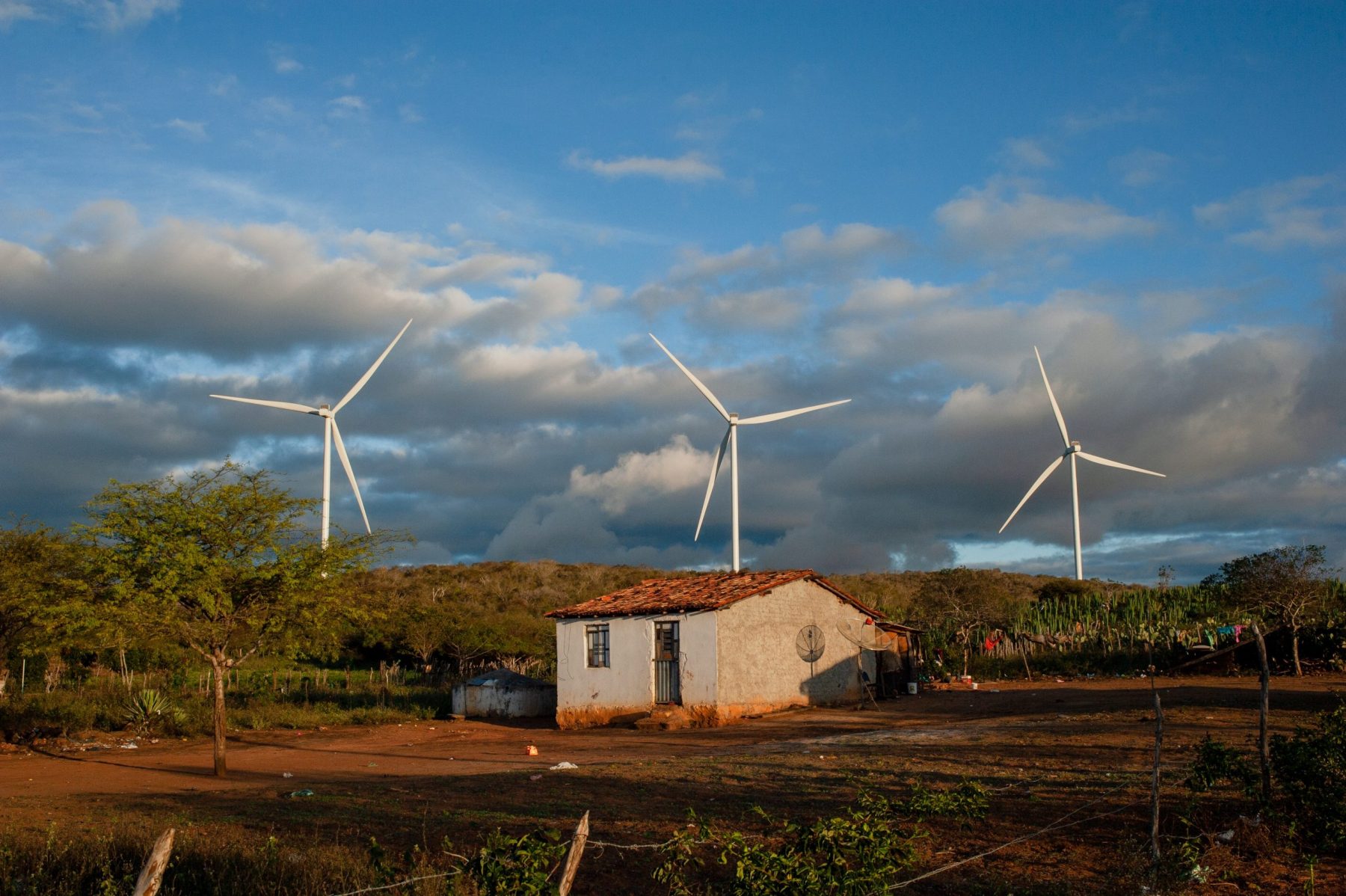 Casa próxima ao Complexo Eólico Folha Larga Norte, em Campo Formoso, na Bahia. O desenvolvimento das energias solar e eólica apresenta grandes oportunidades para a região, mas também pode trazer conflitos com comunidades. Foto Camilo Lobo/ Diálogo Chino