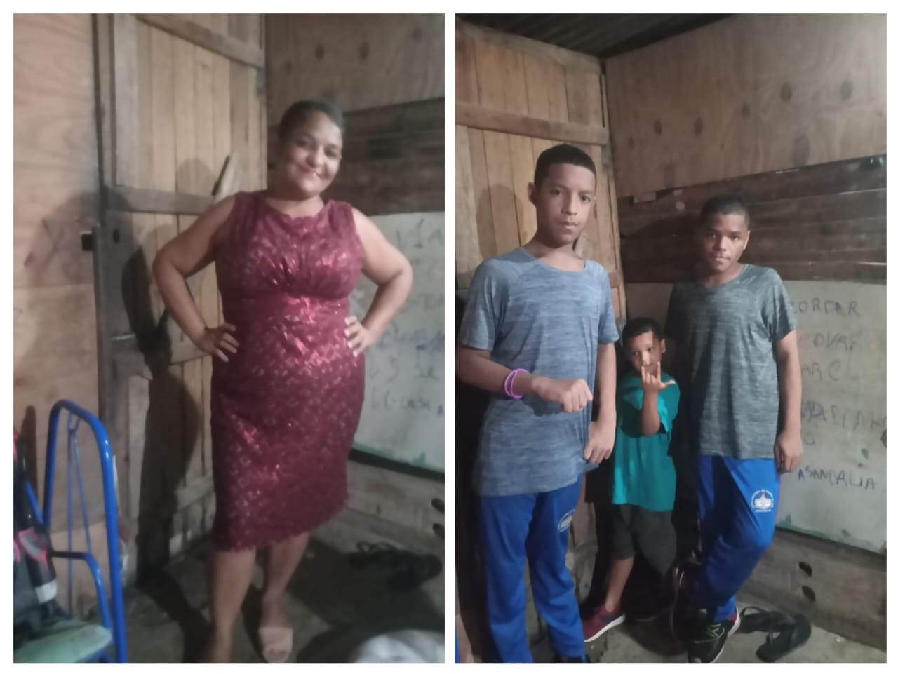 Maria Conceição e os três filhos autistas no barraco de dois vãos onde vivem na Ocupação 15 de Novembro. Foto Arquivo pessoal Maria Conceição