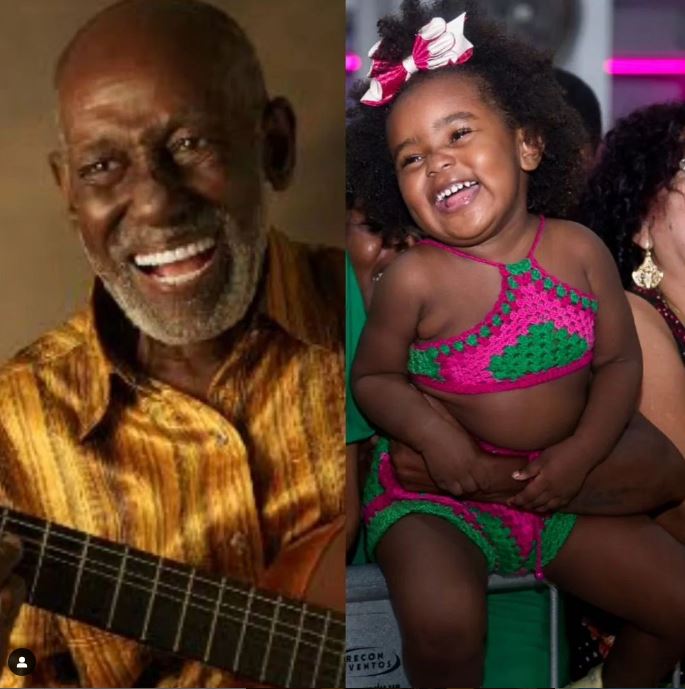 Bombom, a minipassista, e o bisavô, Nelson Sargento: dinastia em verde e rosa. Reprodução Instagram