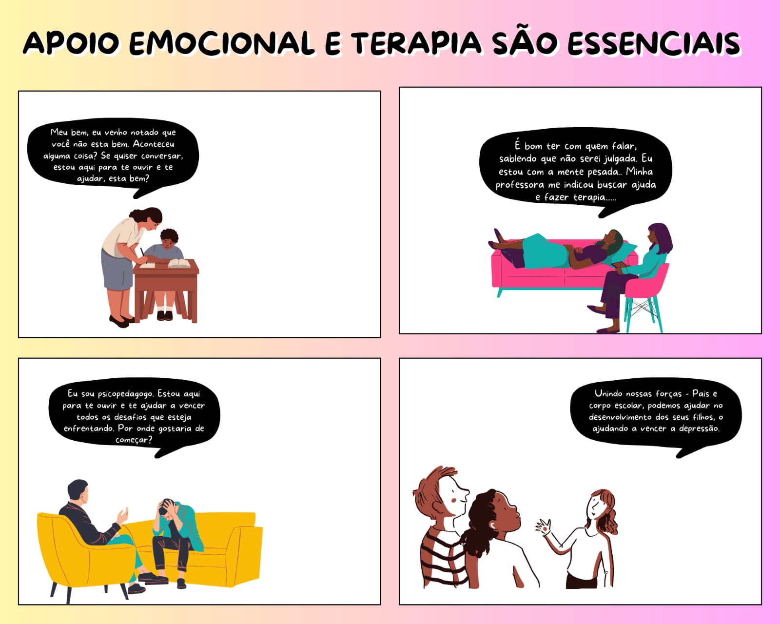 Psicólogos (ou psiquiatras) precisam da participação de pais e professores no tratamento de jovens com depressão (Ilustração de Milena D'Anunciação, com base nos depoimentos de entrevistados)
