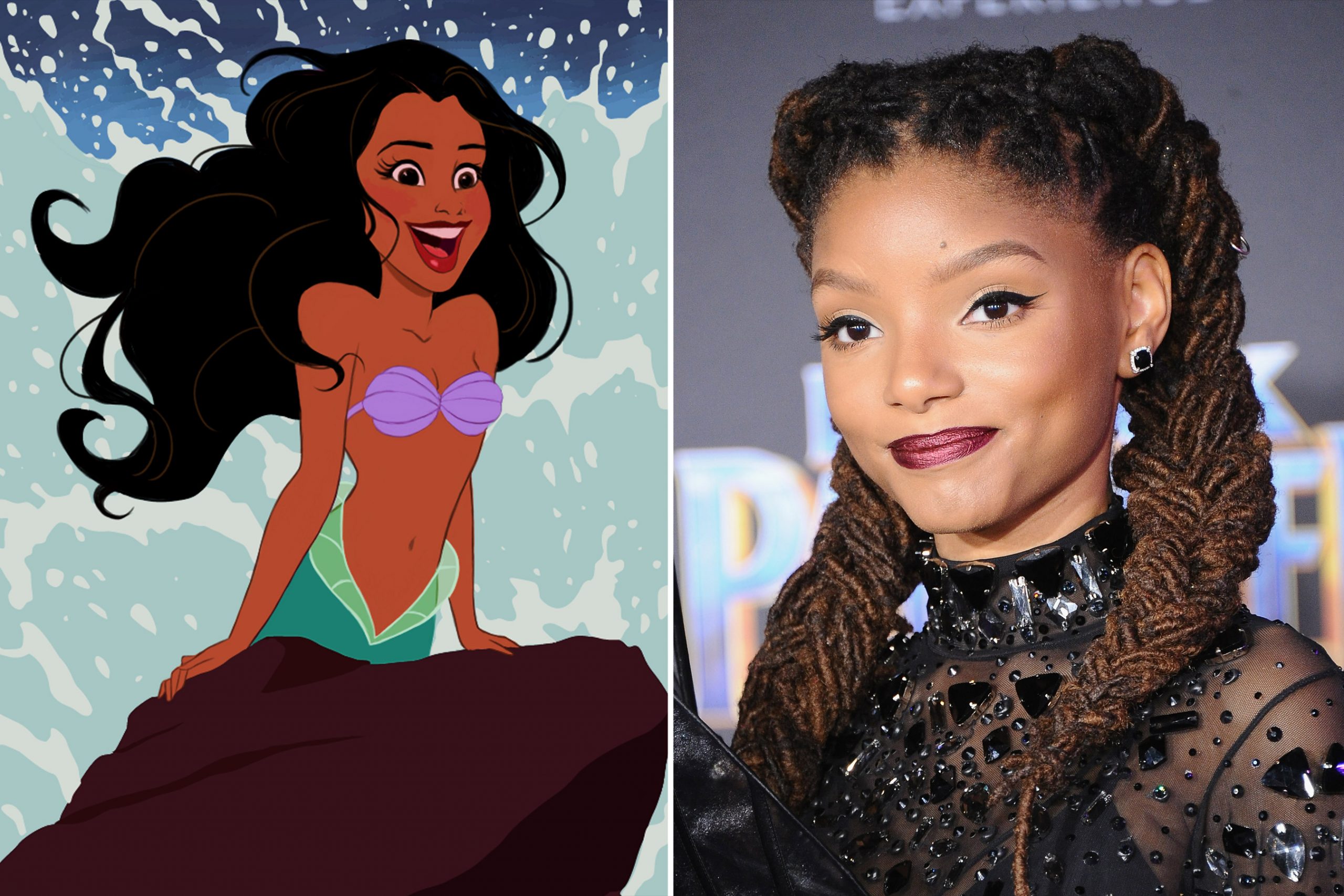 A Ariel negra e a atriz Halle Bailey, que a representou no filme de 2023: protesto contra personagem de ficção. Fotos de divulgação