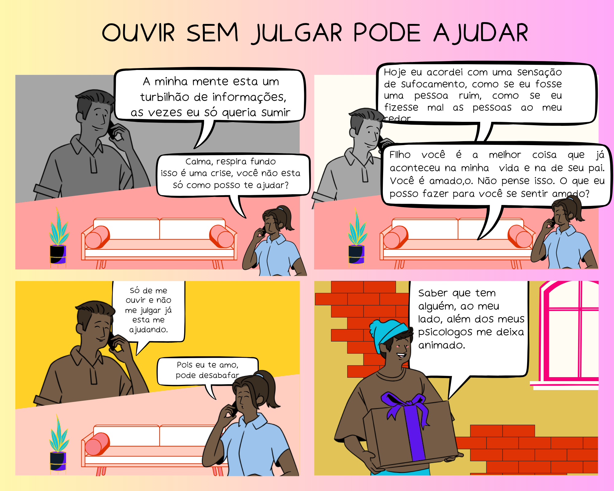 Ouvir sem julgar pode ajudar jovens com depressão (Ilustração de Milena D'Anunciação, com base nos depoimentos de entrevistados)