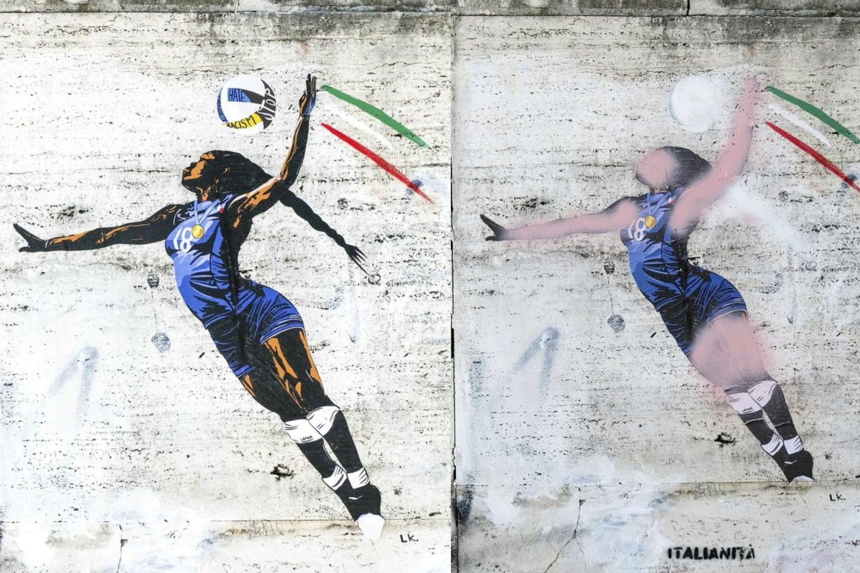 O mural em homenagem a campeã olímpica Paola Egonu antes e depois de ser vandalizado: ataque racista reacende debate sobre raça e cidadania na Itália (Reprodução)