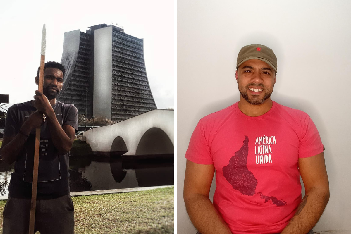 Duas fotos coloridas: Na foto da direita Jader Pxoto é um homem negro empunhando uma lança. Ao fundo prédios e viaduto. Na foto da direita, Kirion é uma negro usando uma camiseta vermelha e um boné marrom, ao fundo, parede branco