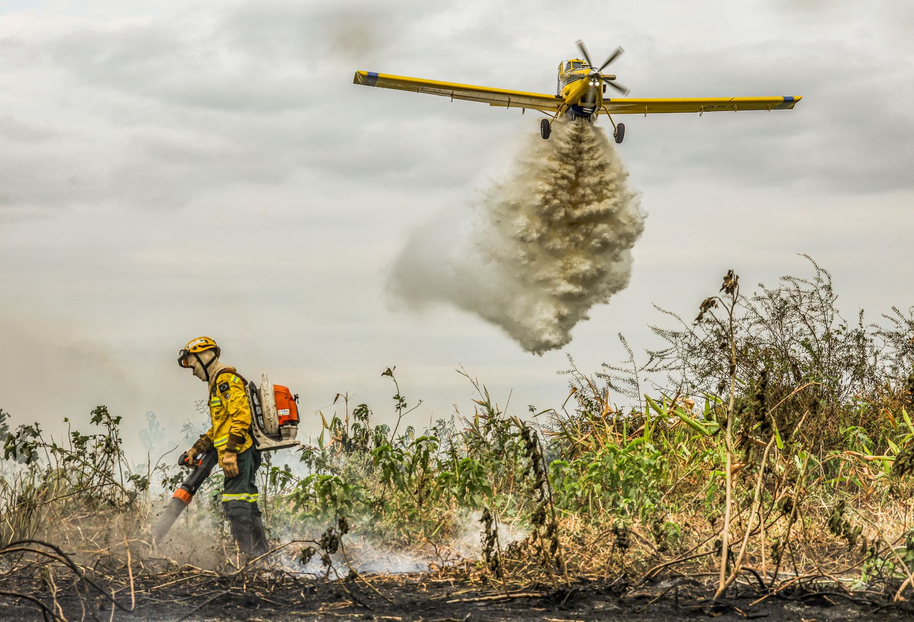 Foto colorida de brigadista e avião no combate a incêndio no Pantanal: riscos levam Brasil a decretar emergência ambiental (Foto: Marcelo Camargo / Agência Brasil - 18/06/2024)