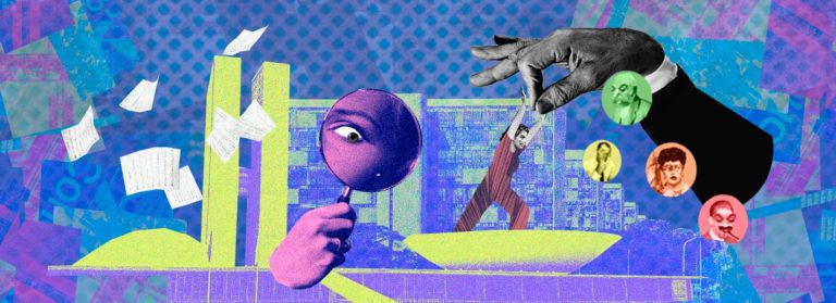 Arte colorida com fundo azul e desenho do Congresso, com lupa mostrando o rosto de uma mulher. Antifeminismo avança no Congresso