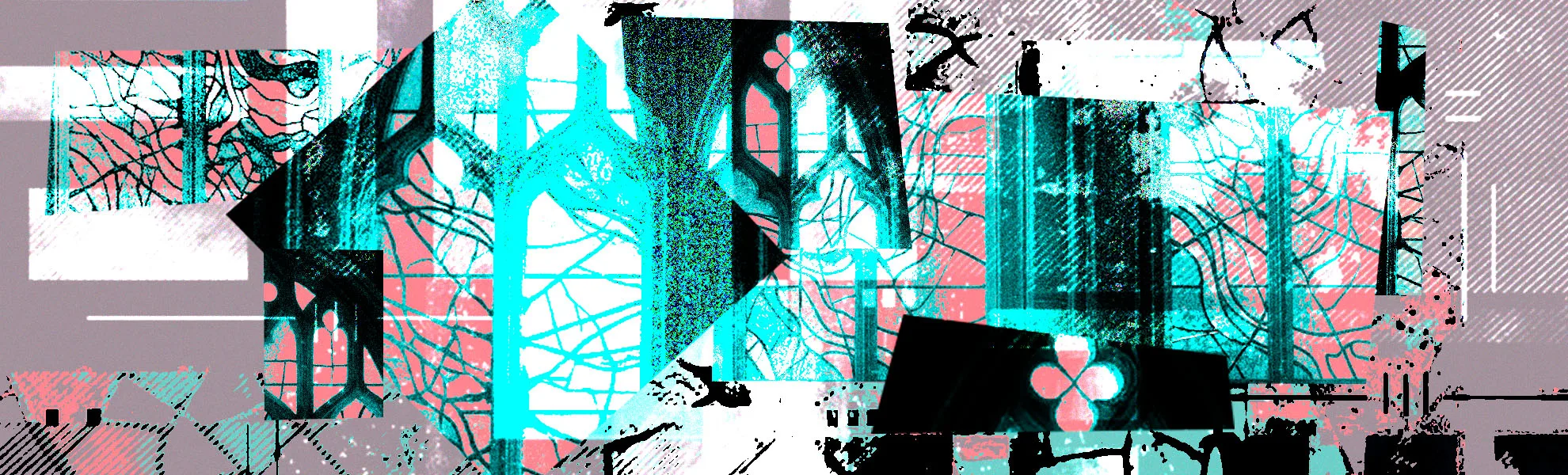 Arte colorida com ícones abstratos que remetem à religião, nas cores cinza, preto, rosa e azul neon