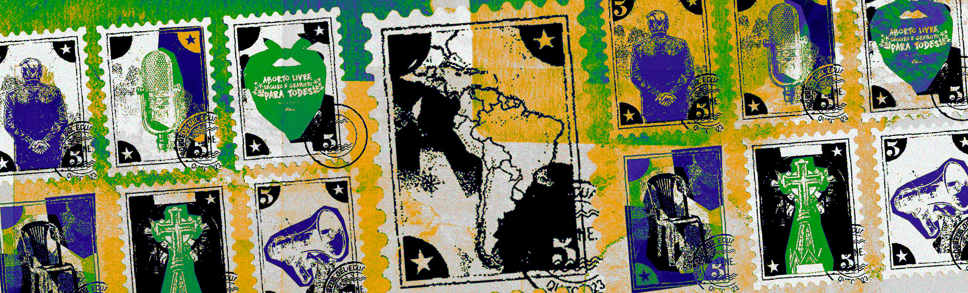 Ilustração colorida que mostra diferentes símbolos, como homem de costas, microfone, cruz e, no centro, um mapa da América Latina
