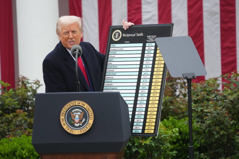 Foto colorida do presidente dos Estados Unidos, Donald Trump, segurando um placa com a lista de tarifas para diferentes países.